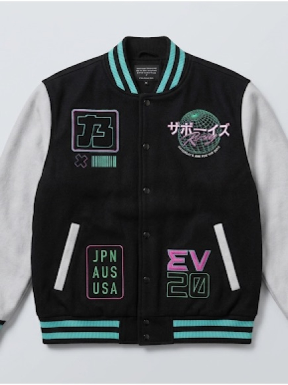 Varsity Jacket with Black Body & White Sleeves - Mint & Pink Accents